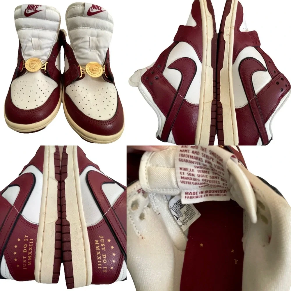 Nike Women’s White and Burgundy Sneakers with Gold Accents